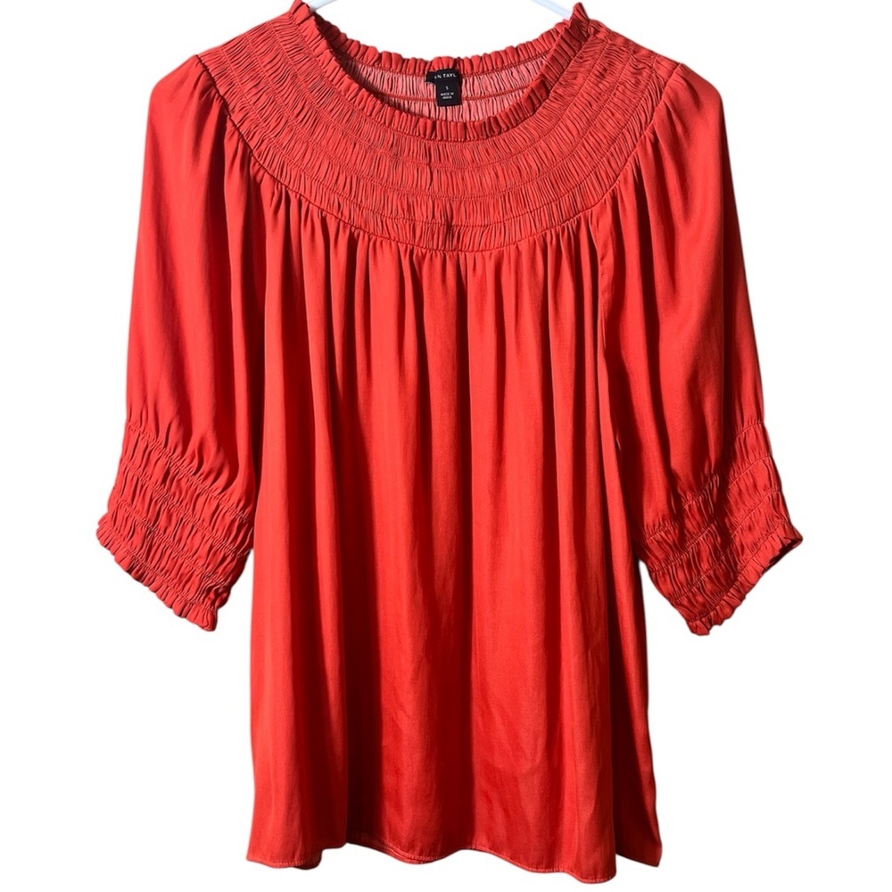 Ann Taylor‎ Rust Red Smocked Short Sleeve Blouse Small Boho Festival Fall Basic